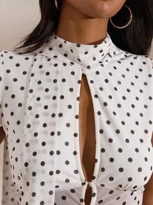 Opulessa Vacation Knit Mesh Polka Dot Print Fitted Women Shirt Club Outfits, Date, Night Out,Vacation ,Beach OutfitsSexy Elegant Party,Graduation,Prom,Going Out Outfit,Spring To Summer, Valentine's Day, Carnival Costume, Elegant Top For Party, Beach Outfit, Wedding Guest Top, Summer Vacation Outfits,Casual Top, Pokadot Top, Tie Up Shirt - White - View 2