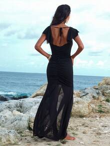 Opulessa Urlaubs-Einfarbiges gestricktes Mesh-Rückenfreies V-Ausschnitt-Kleid für Frauen - Schwarz - Übersicht 1