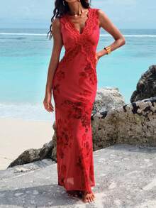 Opulessa 女士时尚度假休闲蕾丝边V领露背连衣裙 - 紅色 - 查看 7