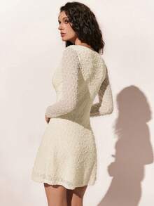 Poéselle 女士V领前系带长袖时尚迷你连衣裙 - 白色 - 查看 3