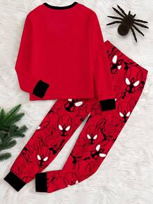 2件套男童印花撞色滚边圆领长袖修身睡衣套装，秋季款 - 紅色 - 查看 2