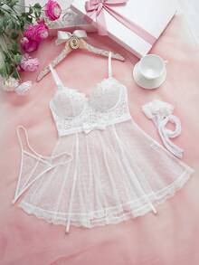 SHEIN Set 4 buc: Cămașă de noapte romantică de mireasă din dantelă contrastantă cu plasă și fundă + șnur tanga + 2 șosete - alb - Vizualizare 8