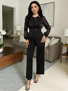 Vavine Sophisticated Women's Regular Sleeve Black Knitted Two Piece Pants Set With Embellished Top - Black - View 4