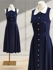 Franclia Women's Navy Blue And White Summer Elegant And Classy Office Dress,White Splice Lapel Sleeveless Single-Breasted Waist Cinched Long Preppy Mod Dress - Navy Blue - View 1
