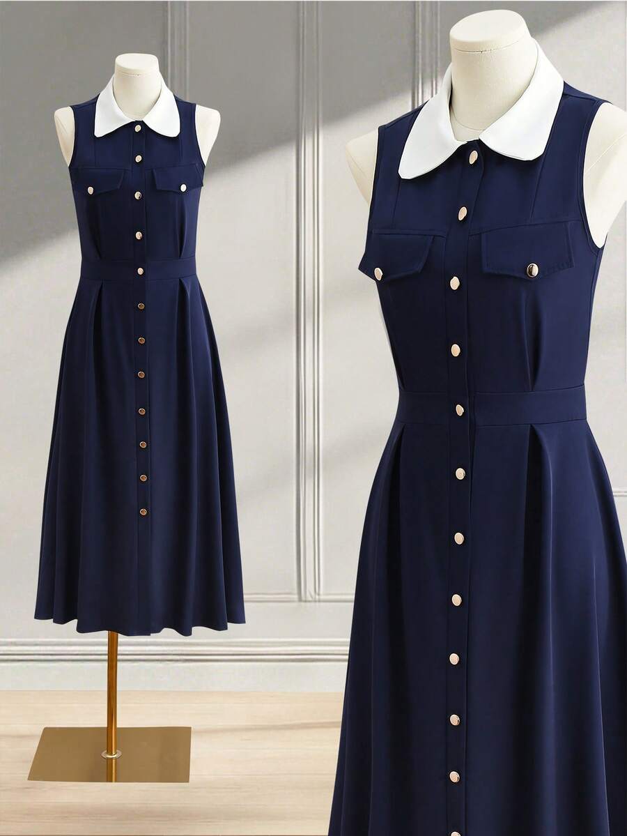 Franclia Women's Navy Blue And White Summer Elegant And Classy Office Dress,White Splice Lapel Sleeveless Single-Breasted Waist Cinched Long Preppy Mod Dress - Navy Blue - View 1