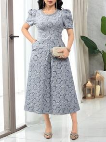 Feyla Gaun Wanita Motif Bunga Jacquard Leher Bulat Lengan Mengembang Elegan Panjang Sedang - Abu-abu Biru - View 8