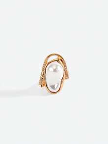 Opalesca 1 Pc Exaggerated Baroque Pearl Geometric Rhinestone Adjustable Vintage Ring, Fashionable & Luxurious,Outfits,Old Money,Wedding/Bridal Accessories,Western Jewelry,Fairycore/Fairy,Pearl,Fall/Autumn/Winter,Elegant - Yellow Gold - View 2