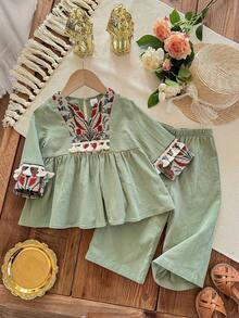 SHEIN 2pcs Baby Girl Vacation Casual Floral Print Long Sleeve Shirt & Elastic Waist Pants Set - Green - View 7