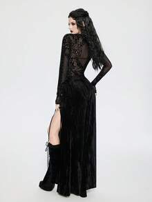 Breakform 女士哥特暗黑风前片植绒网纱圆领长袖修身性感上衣，适合日常出行和参加节日活动 - 黑色 - 查看 2