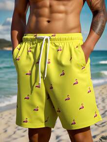 Manfinity Swimmode 男士火烈鸟印花抽绳腰带口袋休闲时尚沙滩短裤 - 黃色 - 查看 4