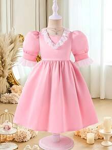 Princess Pink Flower Girl Lace Dress For Autumn,Elegant Girls Puffed Sleeve Party Wedding Banquet Dress,Arabian Style Festive Children Trim Gown - Hot Pink - View 3