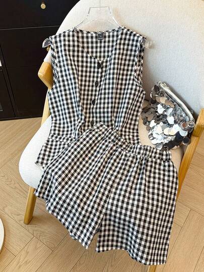Franclia 2pcs/Set Women Plaid Sleeveless Elastic Waist Shorts