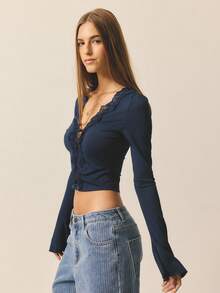 Aralina Women's Casual Chic Luxury Deep V-Neck Lace Trim Long Sleeve Stretch Top Perfect For Christmas Party Outfits And New Years Outfits And Party Outfits - Navy Blue - View 4