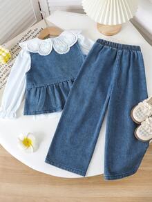 Genkimix Kids 3 Stücke Genkimix Mädchen Set mit Rüschenkragen, Puffärmel Top + plissierter Denim Weste + gerade geschnittene Jeans