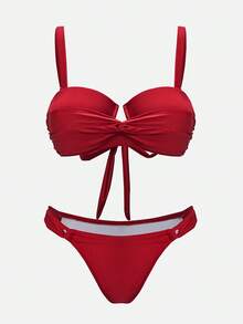 Swim Oasis 2022夏季度假沙滩高级优雅交叉裹身加垫红色三件套泳衣