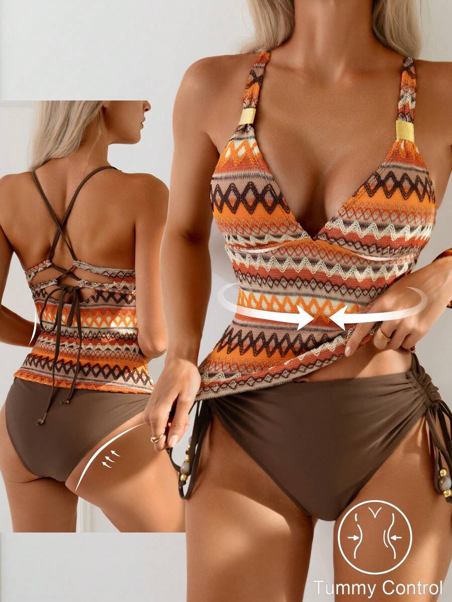 Swim Vcay 女士夏季度假休闲沙滩装彩色波浪图案吊带泳衣两件套，系带收腹高腰短裤泳装 - 彩色 - 查看 1