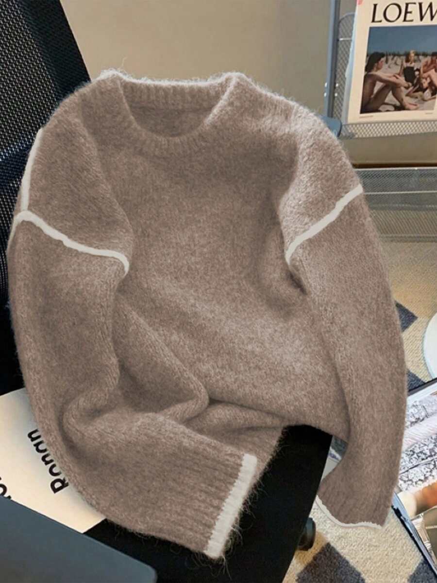 SHEIN PETITE Women's Retro Gray Sweater, Soft & Loose Knit Top, Autumn/Winter - Multicolor - View 1