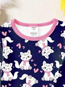 女童紧身睡衣套装 - 圆领长袖长裤睡衣套装，藏蓝色猫咪印花，粉色罗纹袖口，修身剪裁，四季皆居睡衣，2026假日必备，可爱礼物，甜美俏皮风格 - 寶藍色 - 查看 4