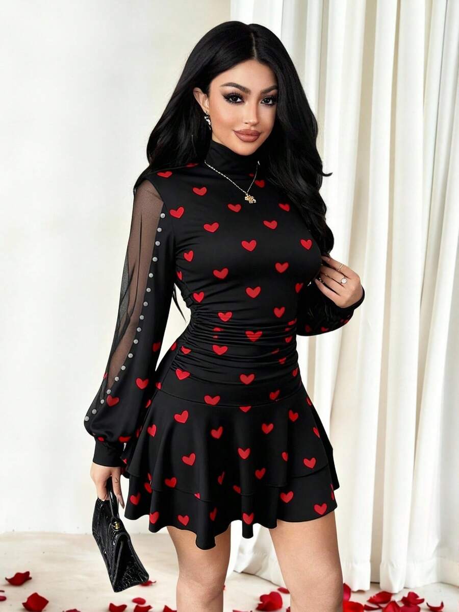 Vavine 红色爱心印花优雅派对及日间百褶高领网纱撞色长袖串珠迷你连衣裙，女士秋冬款 - 彩色 - 查看 1