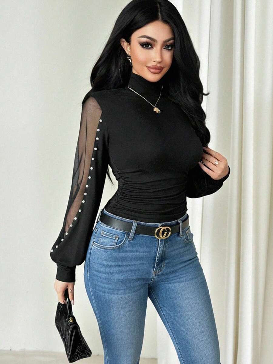 Vavine 女士优雅派对休闲褶皱高领网纱撞色长袖串珠T恤，秋冬款 - 黑色 - 查看 1