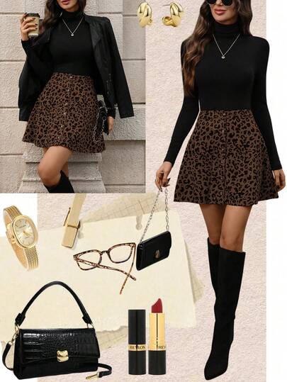 EMERY ROSE Falda acampanada con botones de pana con estampado de leopardo para mujer