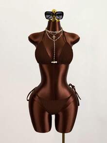 3pcs Women's Solid Color Textured Fabric Tie Neck Bikini Set - Brown - View 6
