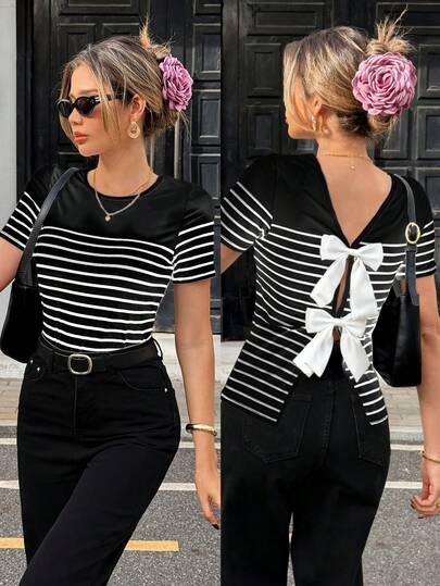 Pariaura Striped Print Backless Bow Decor Women T-Shirt