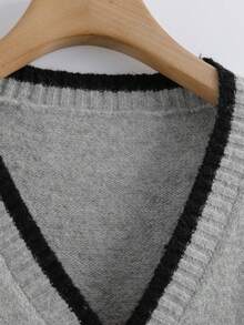 Franclia 女士秋冬新款休闲宽松优雅撞色滚边针织套头毛衣，百搭显瘦 - 彩色 - 查看 3