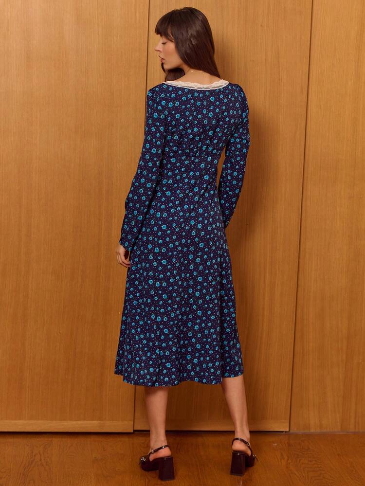 Navy Blue Ditsy Floral Button-Front Midi Dress With White Lace Trim Plunge Neckline Cute Vintage Style French Style Navy Blue Dress Spring Dress