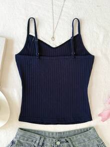 SHEIN Tween Girl Navy Ribbed White Lace Ballet Style Camisole - Blue - View 2