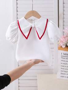 SHEIN 女童蝴蝶结装饰短泡泡袖可爱上衣