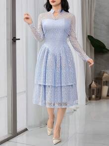 Feyla Women's V-Neck Long Sleeve Ruffle Hem Elegant Lace Mid-Length Dress - Baby Blue - View 4