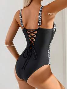 Shapewave Women's Summer Vacation Casual Beach Outfit, Black Leopard Print Adjustable Strap One-Piece Swimsuit - Multicolor - View 2