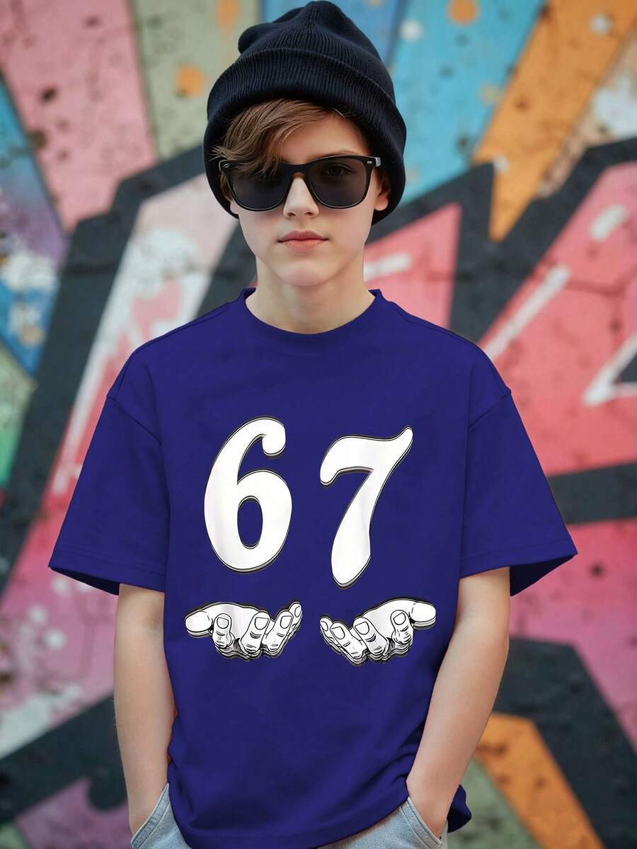 Teen Boys' Casual Minimalist "67" Graphic Print Short Sleeve Round Neck T-Shirt, Suitable For Outings, Navy Blue Tee, Six Seven Top, Suitable For Summer And All Seasons - Navy Blue - View 1