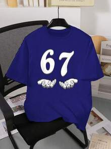 Teen Boys' Casual Minimalist "67" Graphic Print Short Sleeve Round Neck T-Shirt, Suitable For Outings, Navy Blue Tee, Six Seven Top, Suitable For Summer And All Seasons - Navy Blue - View 3