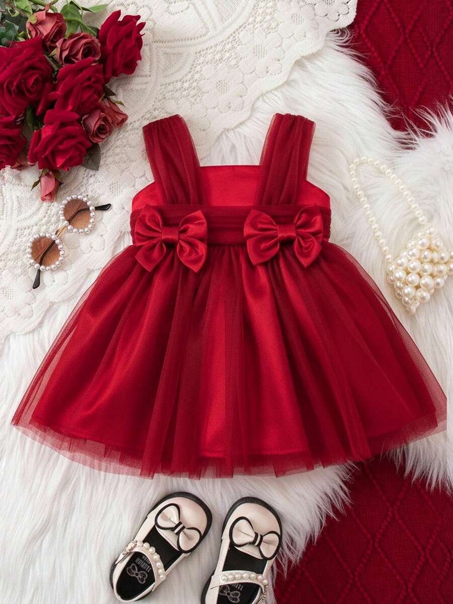 SHEIN Cute & Elegant Red Mesh Bow Sleeveless Dress For Baby Girl - Red - View 1