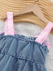 SHEIN Playful Pals 女婴时尚波点撞色肩带蝴蝶结装饰连体衣 - 粉色 - 查看 7
