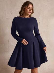 Elegantrix Vestido Curto Evasê com Ombros à Mostra e Bainha Ondulada, Estilo Francês Casual para Outono/Inverno, Plus Size - Azul Marinho - Visão 4
