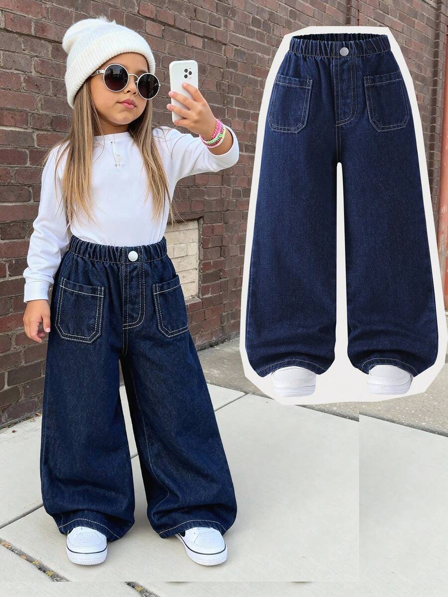 Young Girls Casual Style Denim Jeans, Deep Blue Color, Dual Pockets Design, Loose Wide Leg Fit, Soft & Comfortable Fabric, Suitable For School, Commute, And Daily Wear, Spring/Summer/Autumn/Winter - Dark Wash - View 1