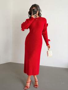 Rafferiza 女式基本款简约时尚设计蝴蝶结优雅法式毛衣裙 - 酒紅色 - 查看 4