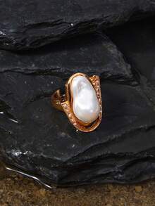 Opalesca 1 Pc Exaggerated Baroque Pearl Geometric Rhinestone Adjustable Vintage Ring, Fashionable & Luxurious,Outfits,Old Money,Wedding/Bridal Accessories,Western Jewelry,Fairycore/Fairy,Pearl,Fall/Autumn/Winter,Elegant - Yellow Gold - View 1