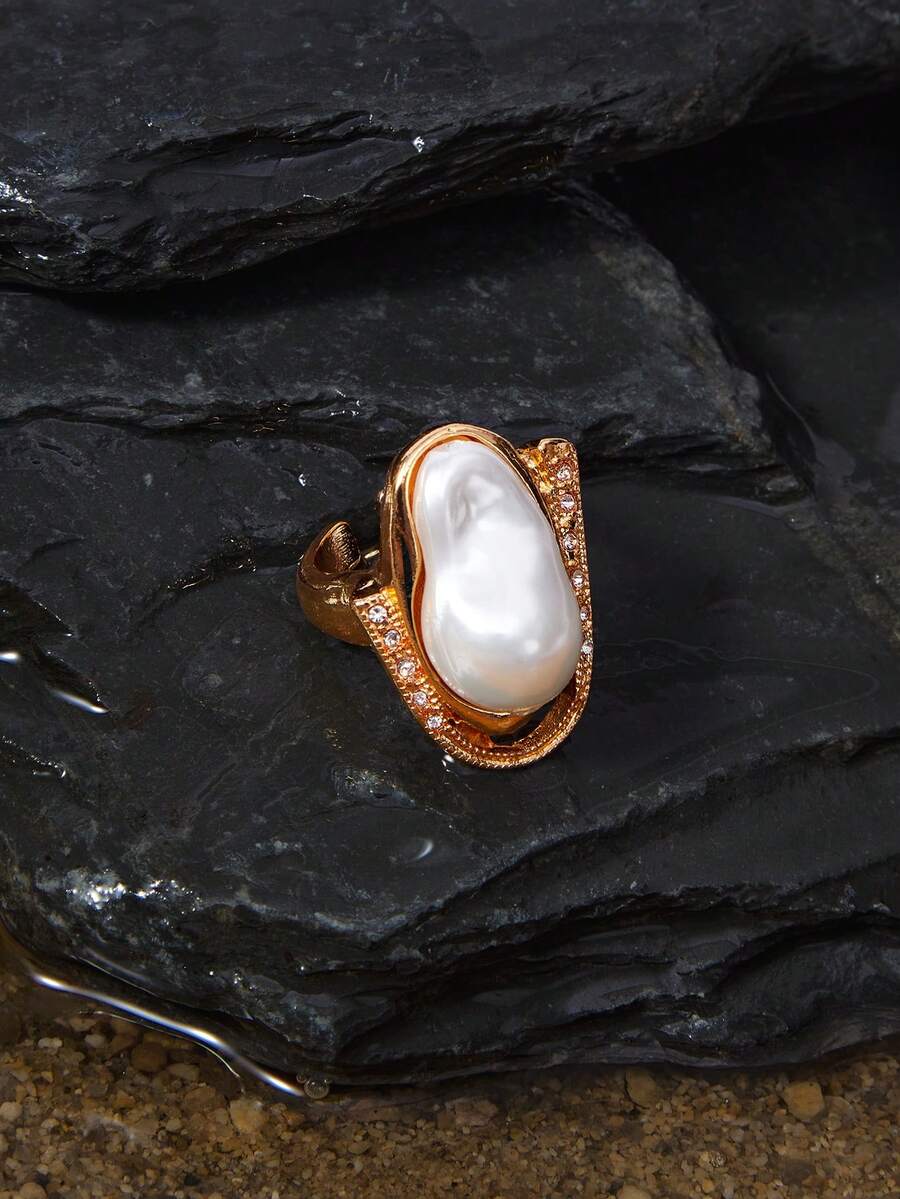 Opalesca 1 Pc Exaggerated Baroque Pearl Geometric Rhinestone Adjustable Vintage Ring, Fashionable & Luxurious,Outfits,Old Money,Wedding/Bridal Accessories,Western Jewelry,Fairycore/Fairy,Pearl,Fall/Autumn/Winter,Elegant - Yellow Gold - View 1