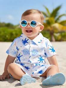 两件套幼儿婴儿男童度假绿色热带植物图案短袖衬衫松紧腰短裤套装，儿童服装。幼儿服装，幼儿衬衫，幼儿短裤，婴儿套装，6个月-3岁 - 彩色 - 查看 1