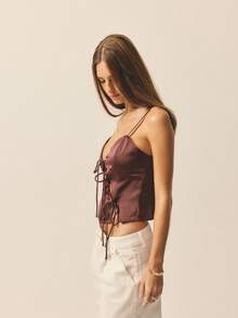 Aralina Women's Casual Chic Elegant Luxury Satin Tie Up Top Perfect For Christmas Party Outfits And New Years Party Outfits And Event Season Dressing And Party Season Dressing - Coffee Brown - View 4