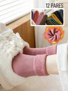 12 pares de calcetines femeninos de color sólido, nueva colección para estudiantes, versátiles para uso exterior, senderismo y esquí al aire libre, calcetines de medio tobillo y de montón, adecuados para primavera, otoño e invierno (cuatro estaciones) - 12 Pares color aleatorio - Ver 1