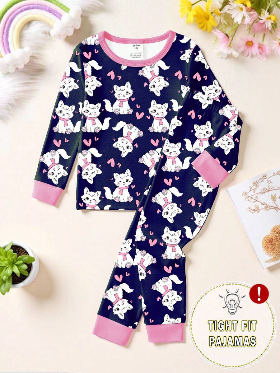 女童紧身睡衣套装 - 圆领长袖长裤睡衣套装，藏蓝色猫咪印花，粉色罗纹袖口，修身剪裁，四季皆居睡衣，2026假日必备，可爱礼物，甜美俏皮风格 - 寶藍色 - 查看 1