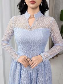 Feyla Women's V-Neck Long Sleeve Ruffle Hem Elegant Lace Mid-Length Dress - Baby Blue - View 2