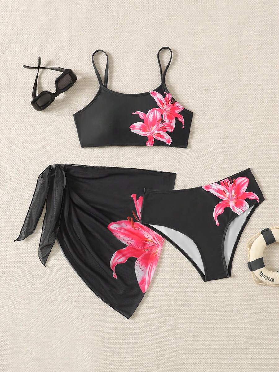 SHEIN Bộ đồ bơi in hoa thoải mái, vừa vặn cho bé gái tuổi teen - màu đen - Xem 1