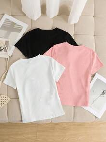 SHEIN Tween Girls' Round Neck Short Sleeve Ribbed Casual Summer Versatile T-Shirt - Multicolor - View 2