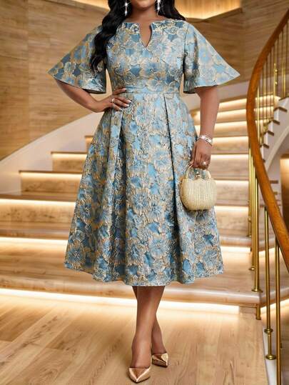 Fleurora Spring And Summer Autumn And Winter Elegant Modest Party Wedding Valentine's Day  Cocktail Party Concert/Music Festival Christmas Colorful Blue Woven Jacquard Notched Ball Gown Flared Flounce Sleeve Midi Short Sleeve Plus Size Dresses Christmas Dress Christmas Party Dress Christmas Outfit For Women Christmas Clothes New Year's Eve Dress New Year Clothes New Year Dress New Year Outfit New Year Women Party Dress Elegant Dresses For Party Elegant Party Dress Elegant Dresses For Women Elegant Dresses For Ladies Elegant Dress Women Luxury Evening Dresses For Women Luxury Evening Dress For Women Luxury Evening Dresses For Weddings Shiny Dress Sparkly Dress Plus Size Formal Gown (Heavily Embellished)